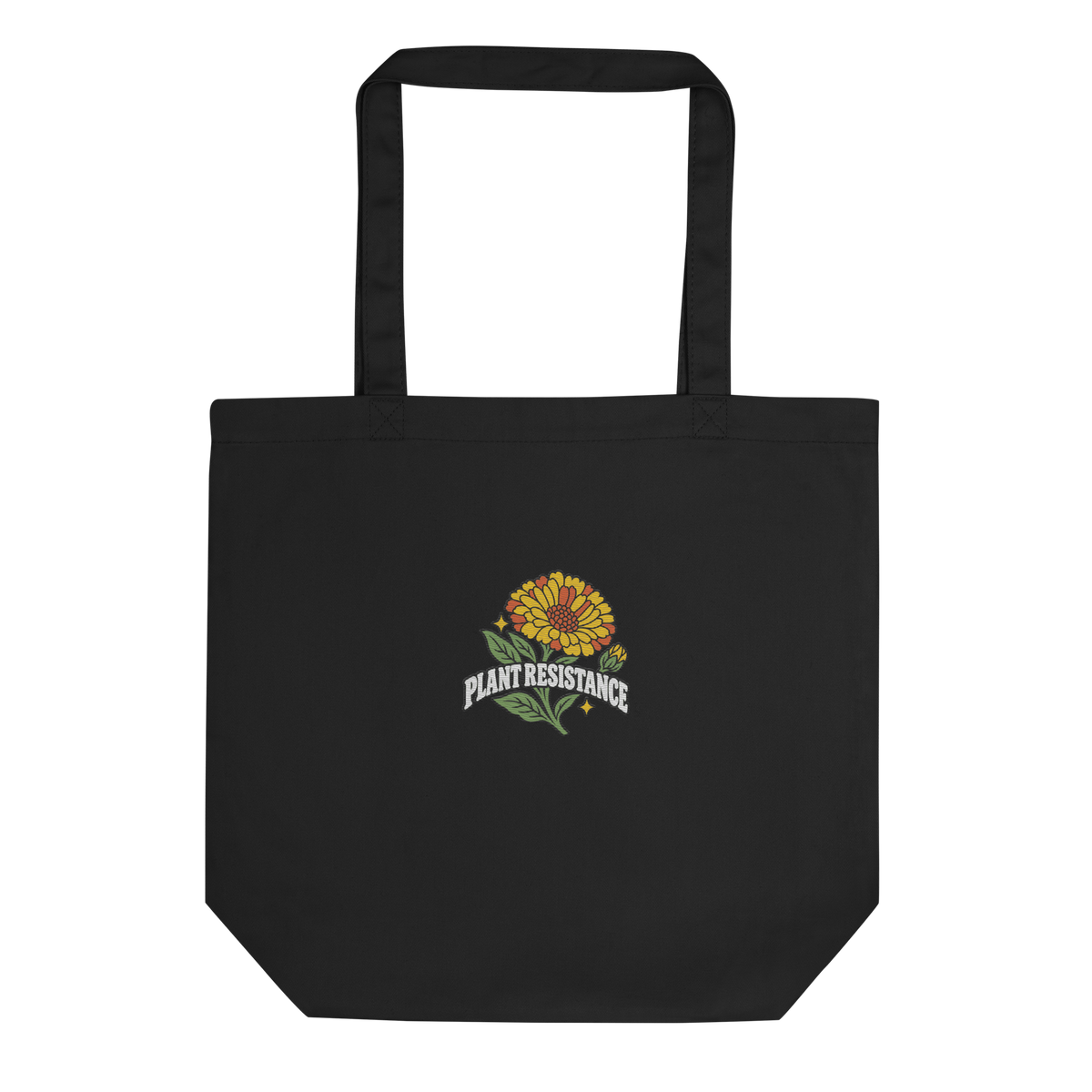 Black organic cotton tote bag with embroidered Plant Resistance calendula design. Schwarze Bio-Baumwolltasche mit gesticktem Plant Resistance Ringelblumen-Design.
