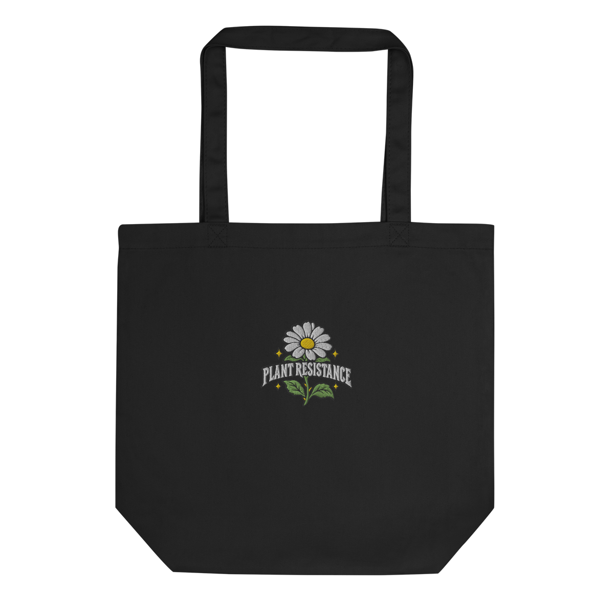 Black organic cotton tote bag with embroidered Plant Resistance daisy design. Schwarze Bio-Baumwolltasche mit gesticktem Plant Resistance Gänseblümchen-Design