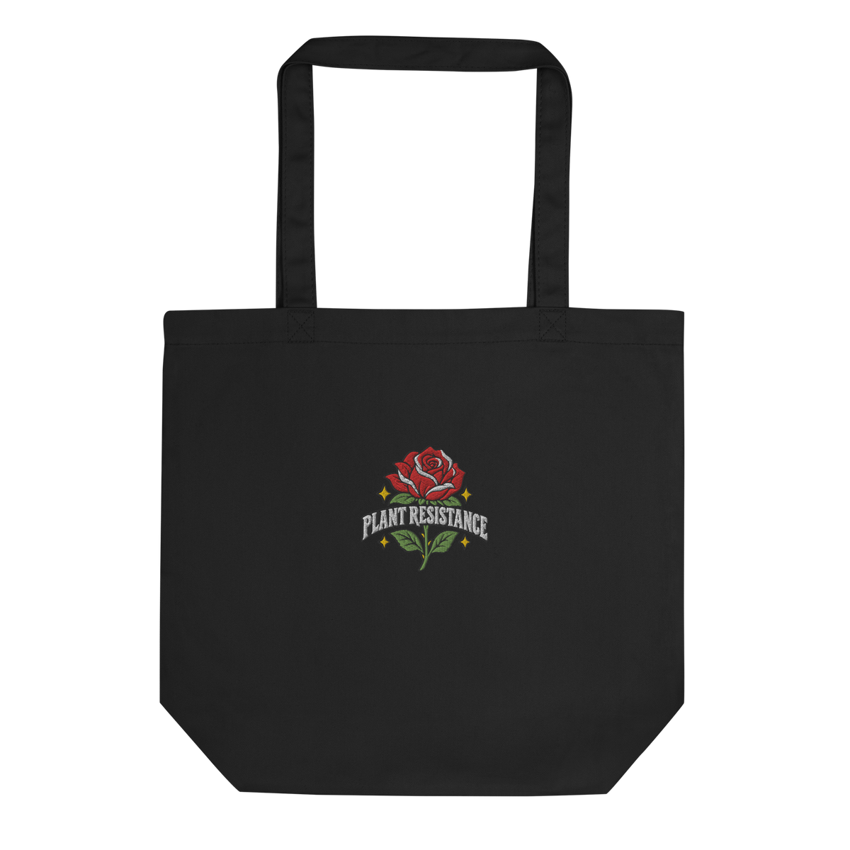 Black organic cotton tote bag with embroidered Plant Resistance rose design. Schwarze Bio-Baumwolltasche mit gesticktem Plant Resistance Rosen-Design.