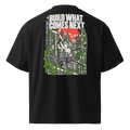 Black oversized organic t-shirt with Build What Comes Next solarpunk back print.