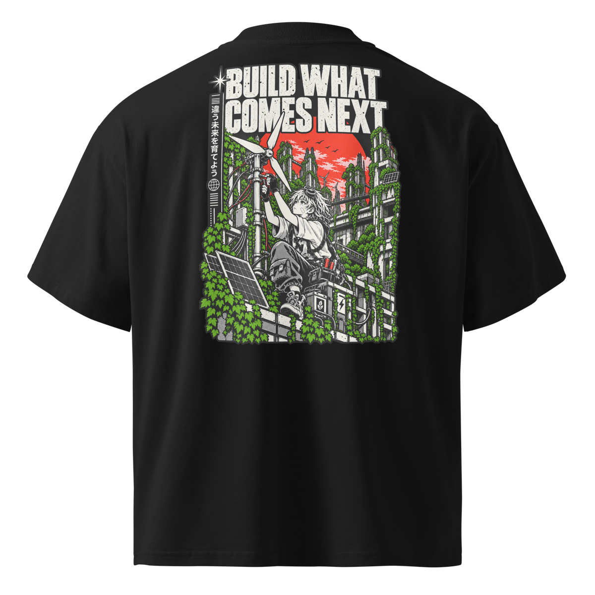 Black oversized organic t-shirt with Build What Comes Next solarpunk back print.