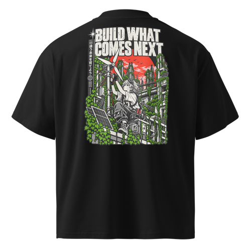 Black oversized organic t-shirt with Build What Comes Next solarpunk back print.