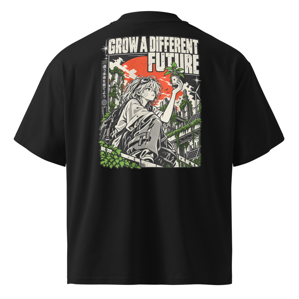 Black oversized organic t-shirt with Grow Your Future solarpunk back print.
