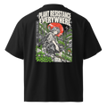 Black oversized organic t-shirt with Plant Resistance Everywhere solarpunk back print.