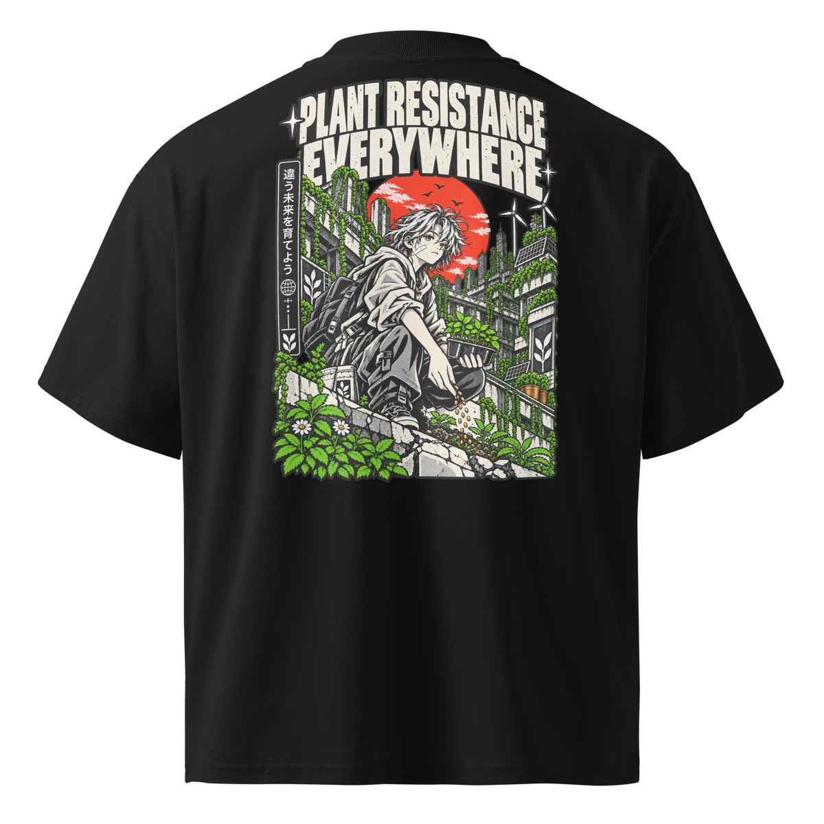 Black oversized organic t-shirt with Plant Resistance Everywhere solarpunk back print.