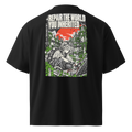 Black oversized organic t-shirt with Repair the World You Inherited solarpunk back print.