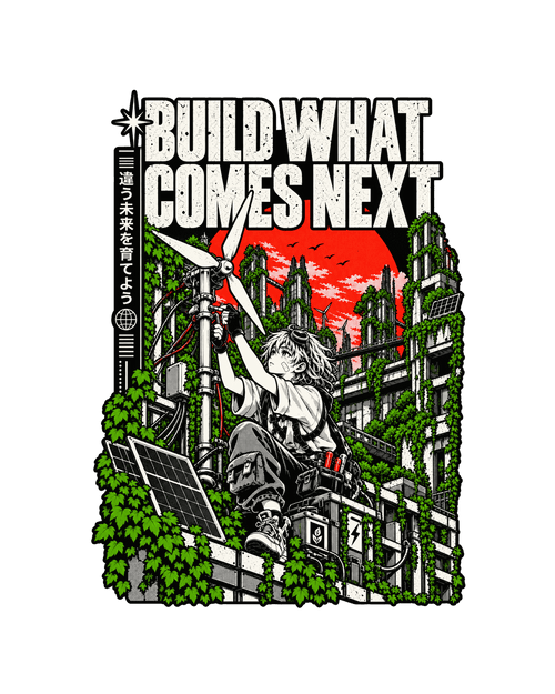 Build What Comes Next solarpunk artwork with manga-inspired character, renewable energy and overgrown cityscape.