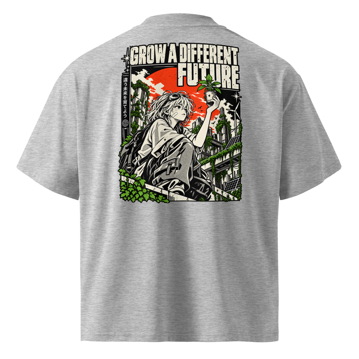 Gray oversized organic t-shirt with Grow Your Future solarpunk back print.