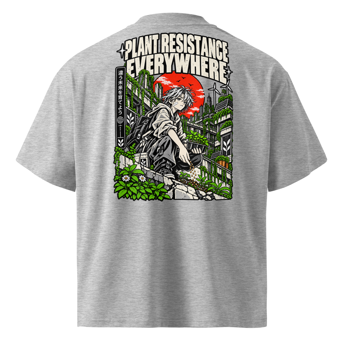 Gray oversized organic t-shirt with Plant Resistance Everywhere solarpunk back print.