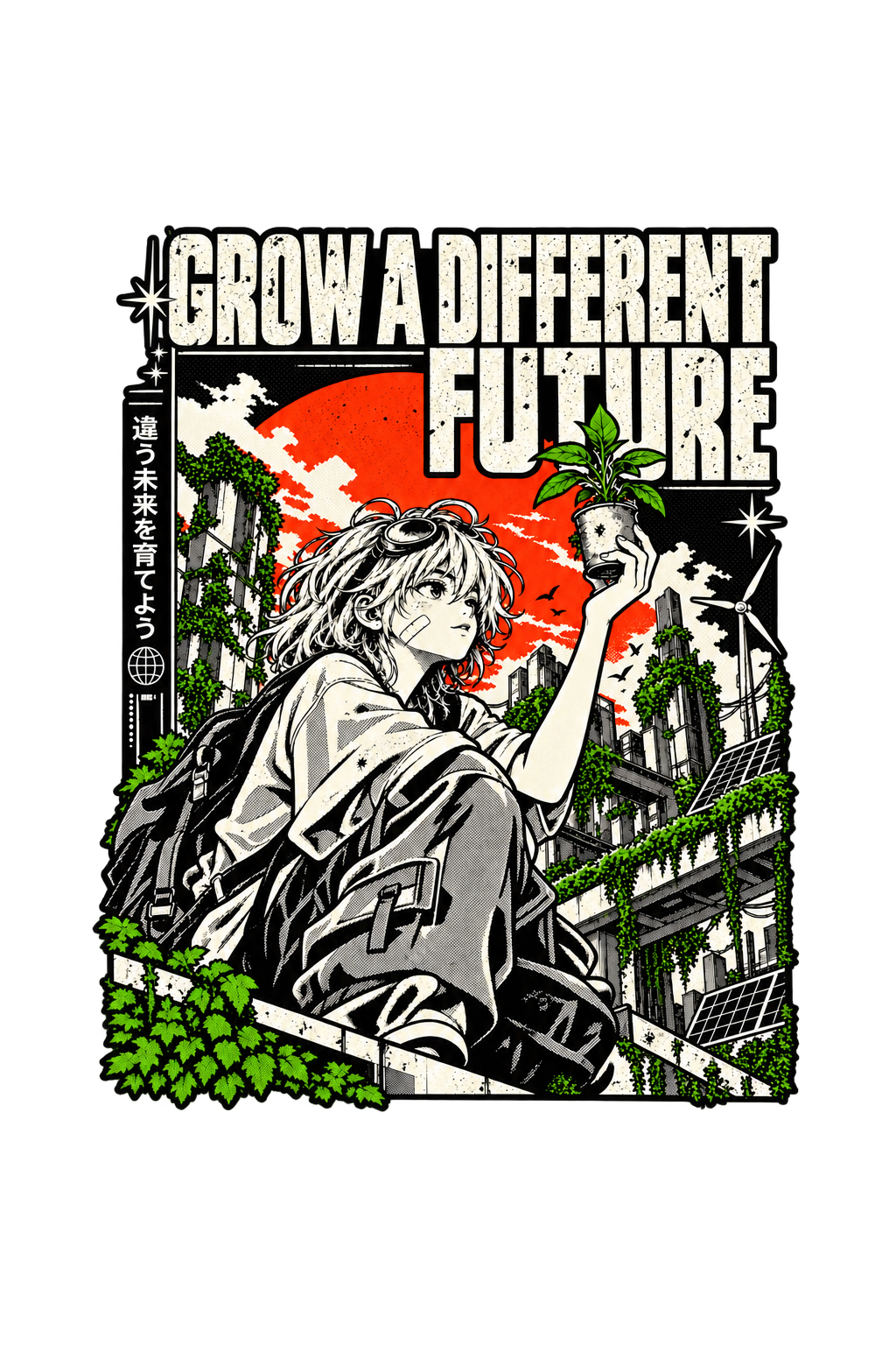 Grow a Different Future – Solarpunk Manga Streetwear Print