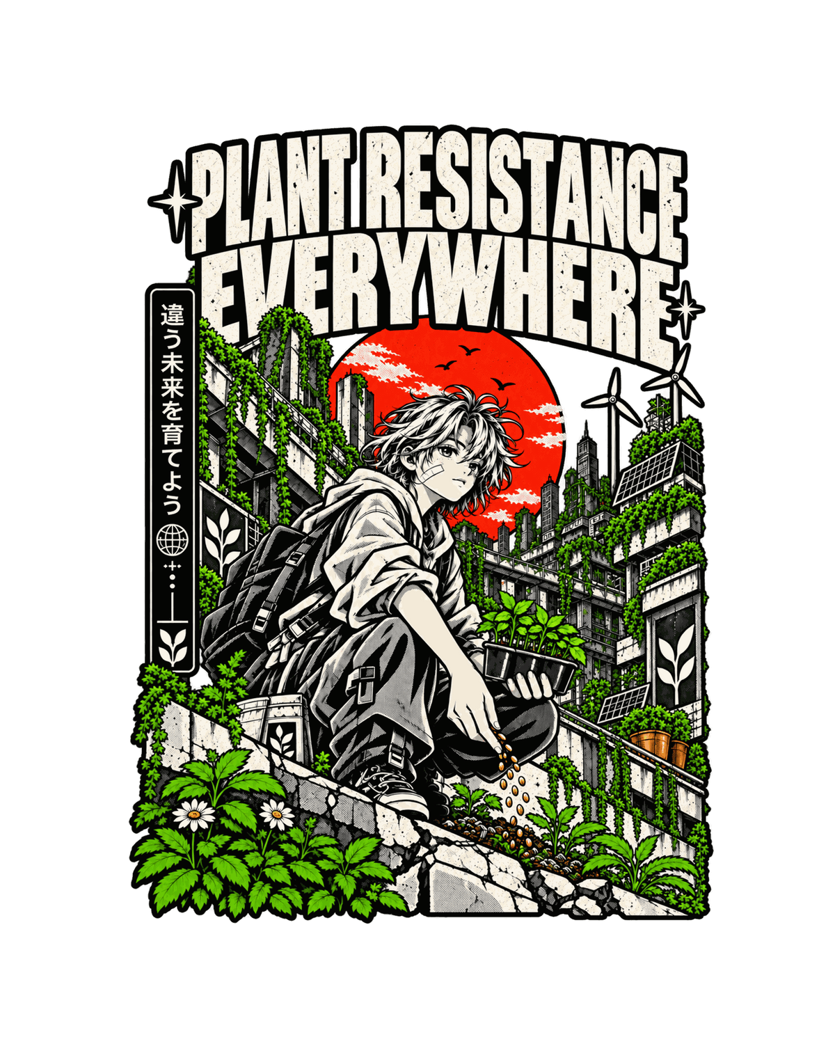 Plant Resistance Everywhere artwork with manga-inspired character, dense greenery, solar panels and urban architecture.