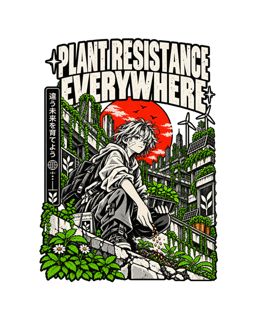 Plant Resistance Everywhere artwork with manga-inspired character, dense greenery, solar panels and urban architecture.