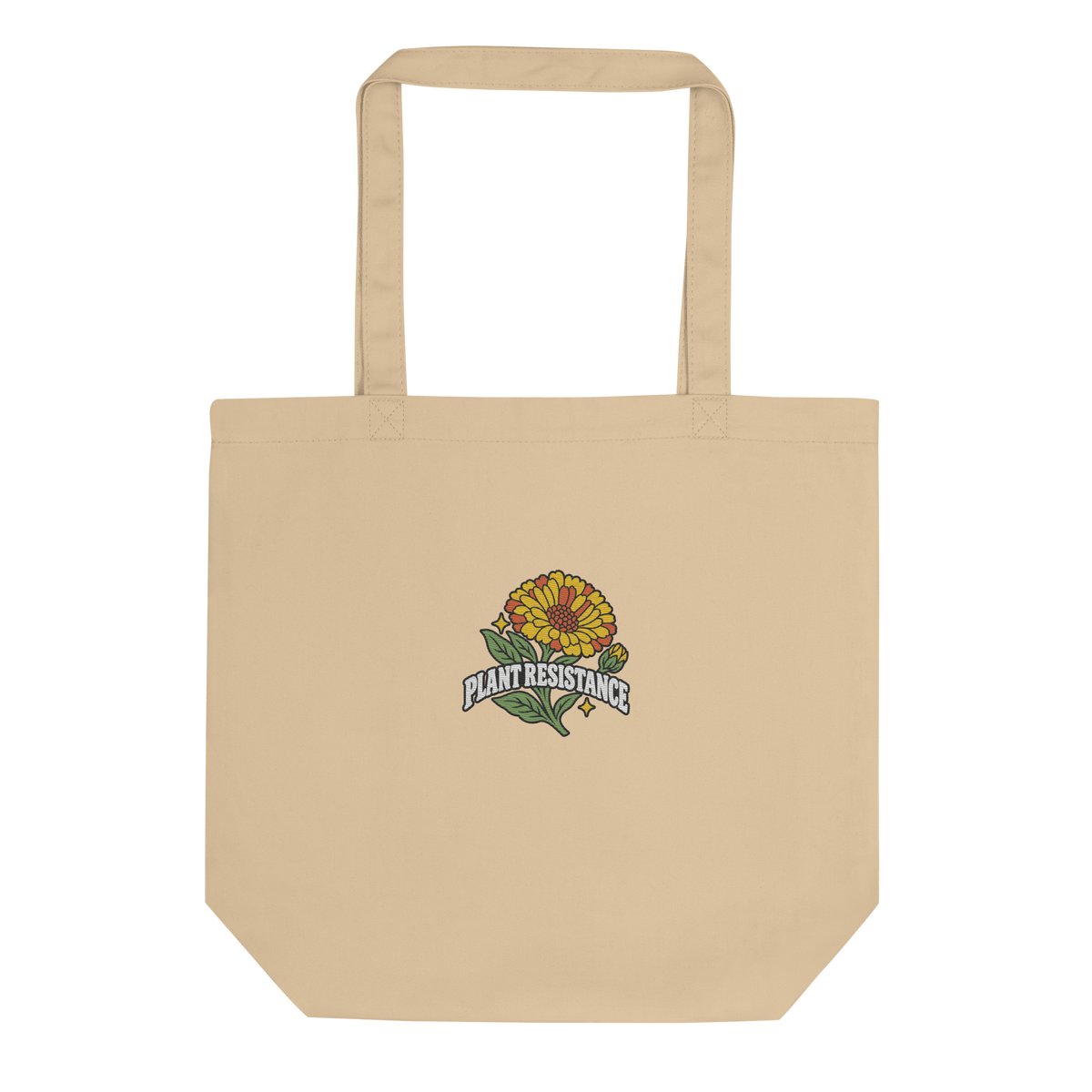 Stone organic cotton tote bag with embroidered Plant Resistance calendula design. Bio-Baumwolltasche mit gesticktem Plant Resistance Ringelblumen-Design.