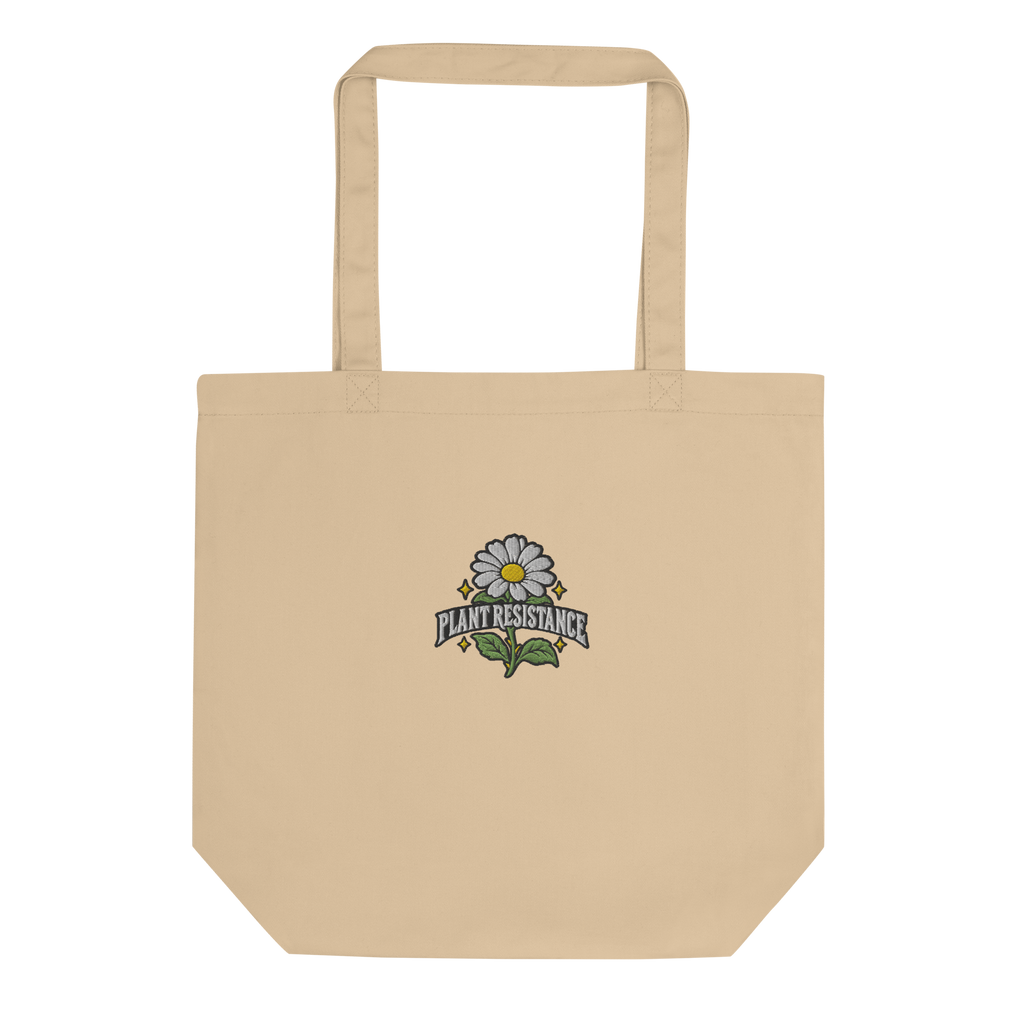 stone organic cotton tote bag with embroidered Plant Resistance daisy design. Bio-Baumwolltasche mit gesticktem Plant Resistance Gänseblümchen-Design