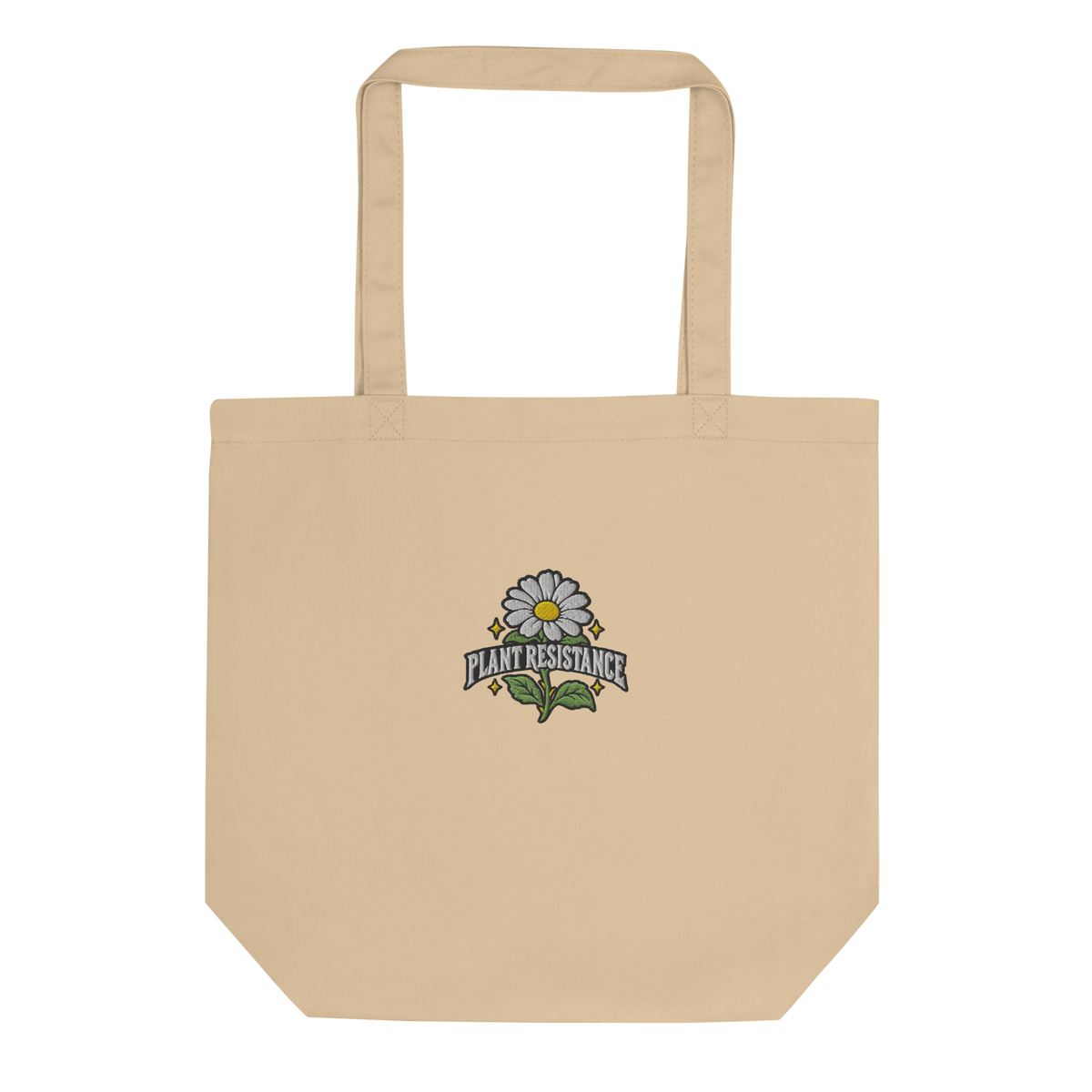 stone organic cotton tote bag with embroidered Plant Resistance daisy design. Bio-Baumwolltasche mit gesticktem Plant Resistance Gänseblümchen-Design