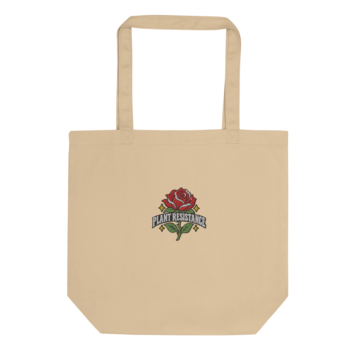 Black organic cotton tote bag with embroidered Plant Resistance rose design. Schwarze Bio-Baumwolltasche mit gesticktem Plant Resistance Rosen-Design.