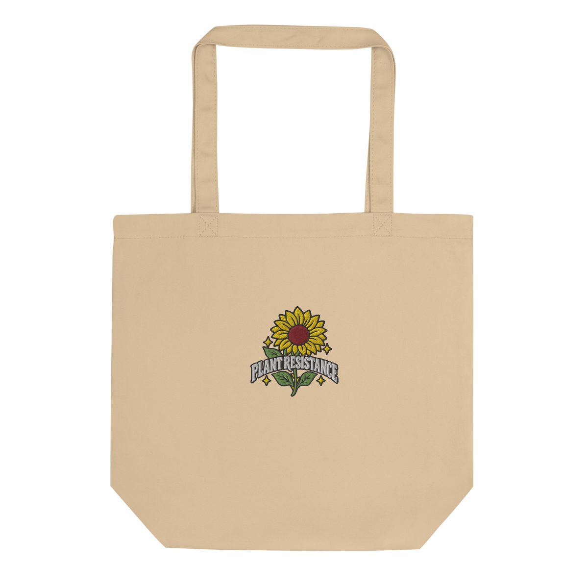 Stone organic cotton tote bag with embroidered Plant Resistance sunflower design. Bio-Baumwolltasche mit gesticktem Plant Resistance Sonnenblumen-Design.