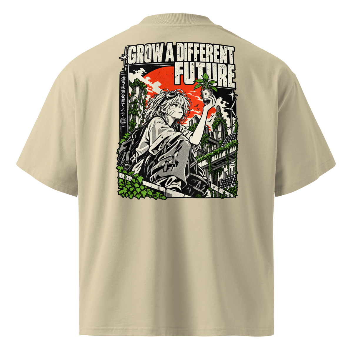 Stone oversized organic t-shirt with Grow Your Future solarpunk back print.