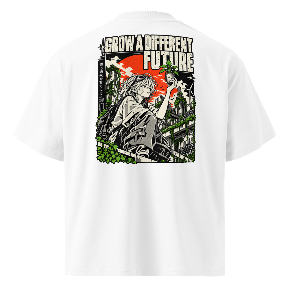 White oversized organic t-shirt with Grow Your Future solarpunk back print. 