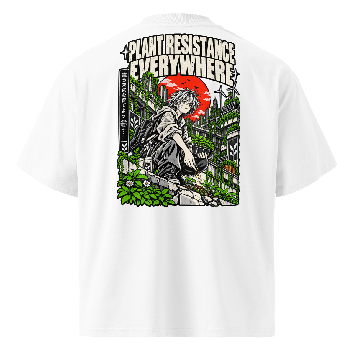 White oversized organic t-shirt with Plant Resistance Everywhere solarpunk back print.