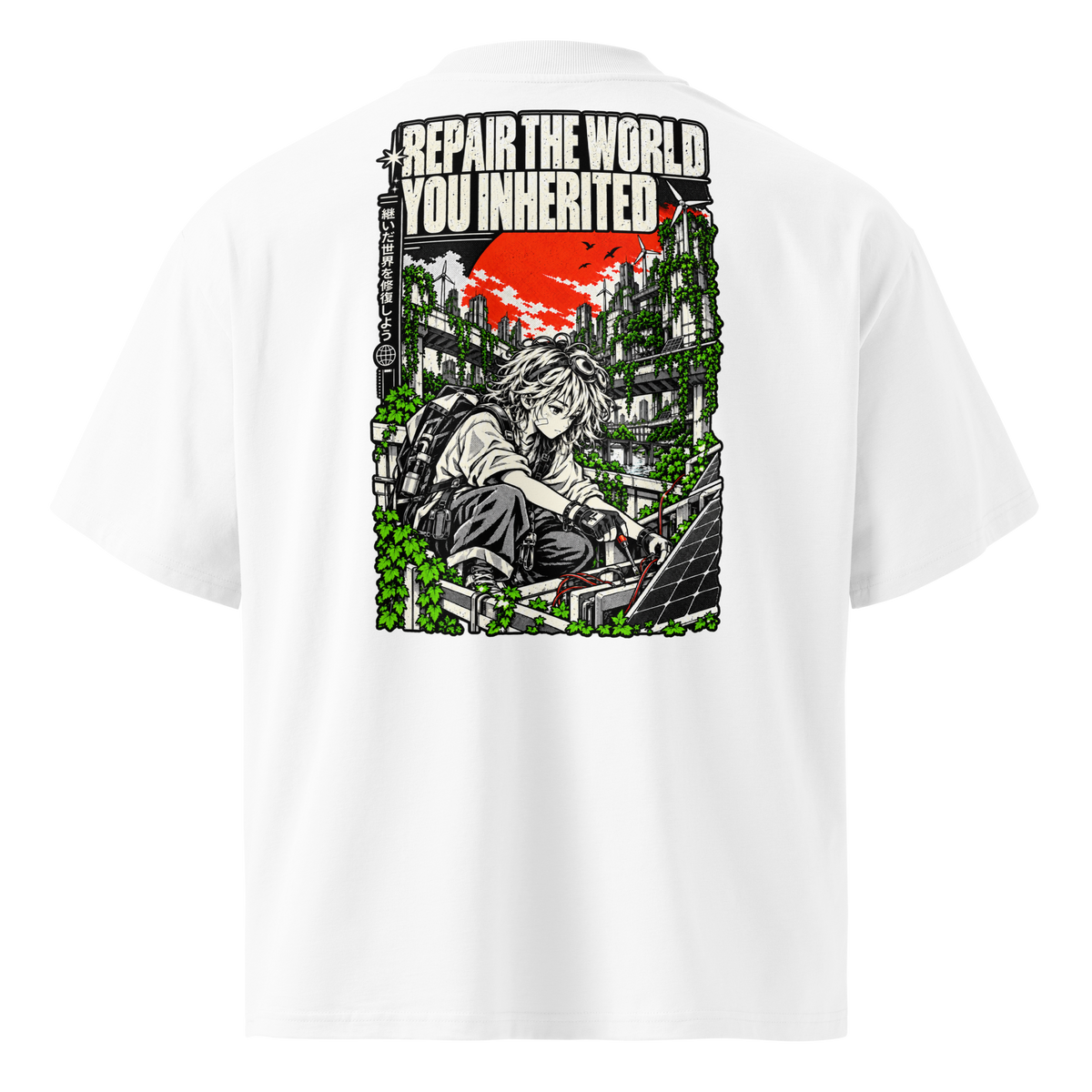 White oversized organic t-shirt with Repair the World You Inherited solarpunk back print.